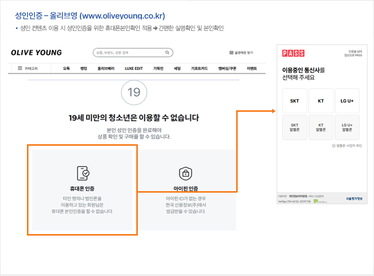 성인인증 – 올리브영 (www.oliveyoung.co.kr) : 성인 컨텐츠 이용 시 성인인증을 위한 휴대폰본인확인 적용 → 간편한 실명확인 및 본인확인 